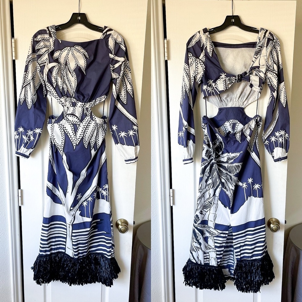 Johanna Ortiz Holistic Jungle Embroidered Midi Dress Navy Ecru 2 EUC - Picture 2 of 9